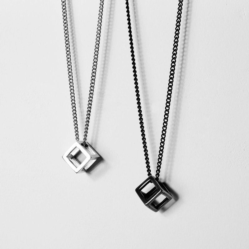INRENG Men's Women's Stainless Steel Simple Square Hollow Cube Charm Pendant Minimalist Couple Necklace Small, Silver+Black 2pcs - Image 3